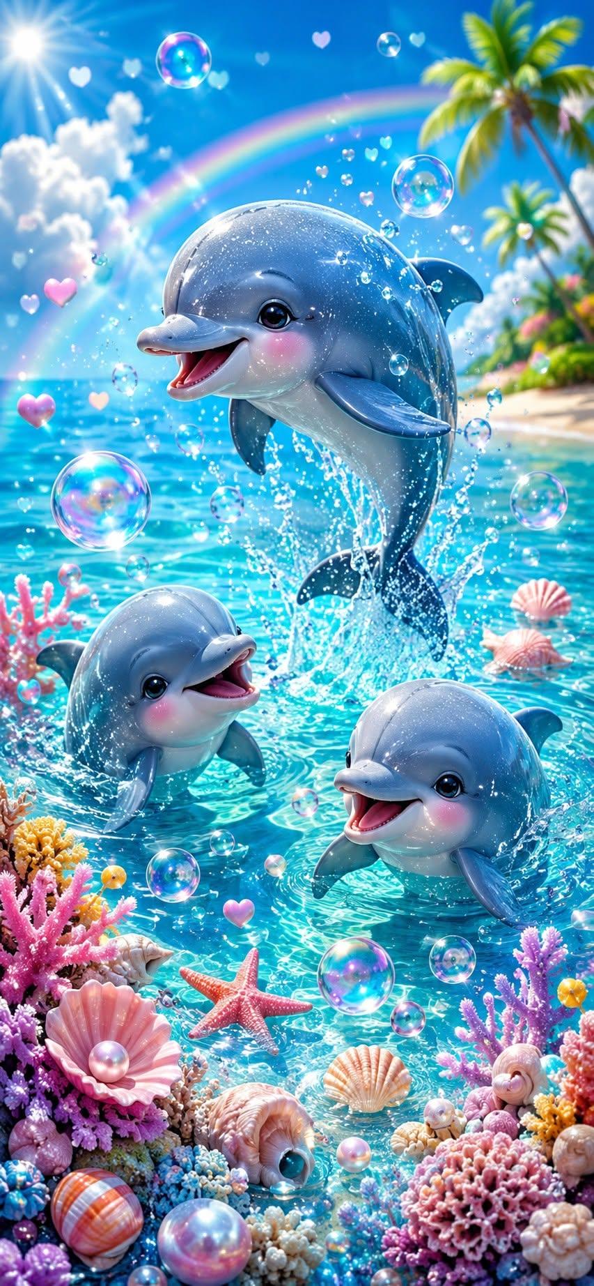 Cute baby dolphins jumping in a tropical ocean with bubbles, coral, seashells, and a rainbow.