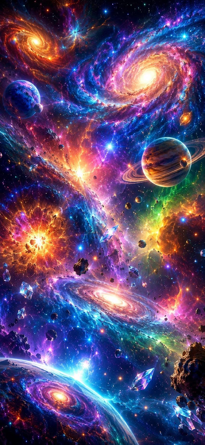 Colorful galaxy wallpaper with vibrant spiral nebulas and ringed planets in space
