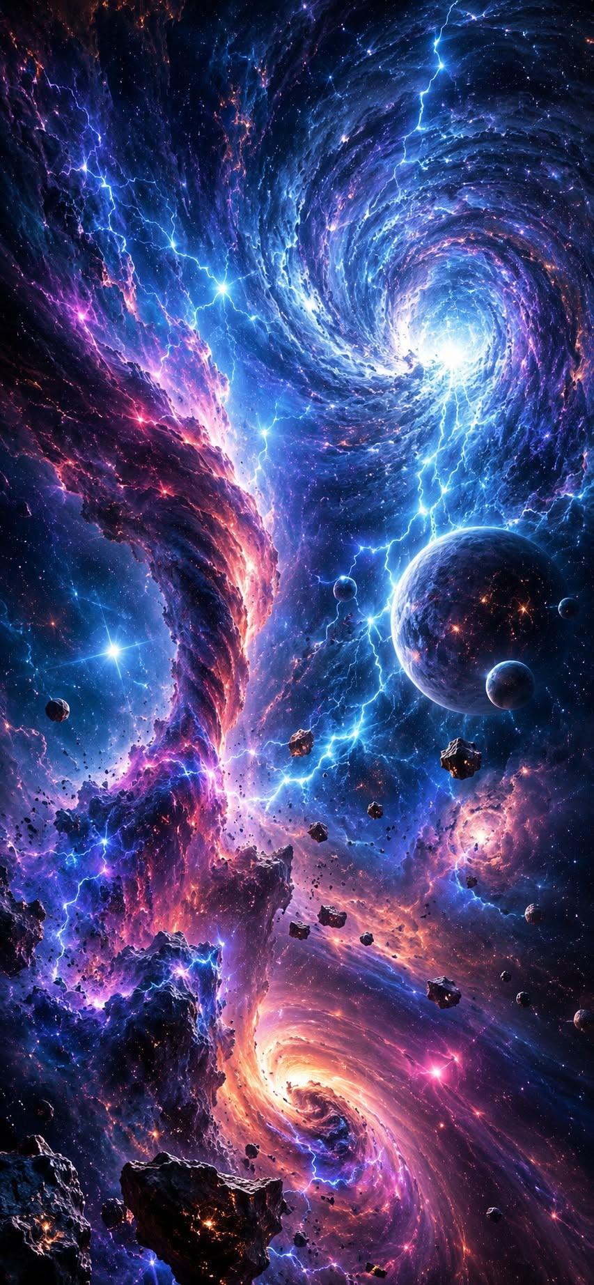 Cosmic storm wallpaper with lightning nebula vortex and planet in deep space