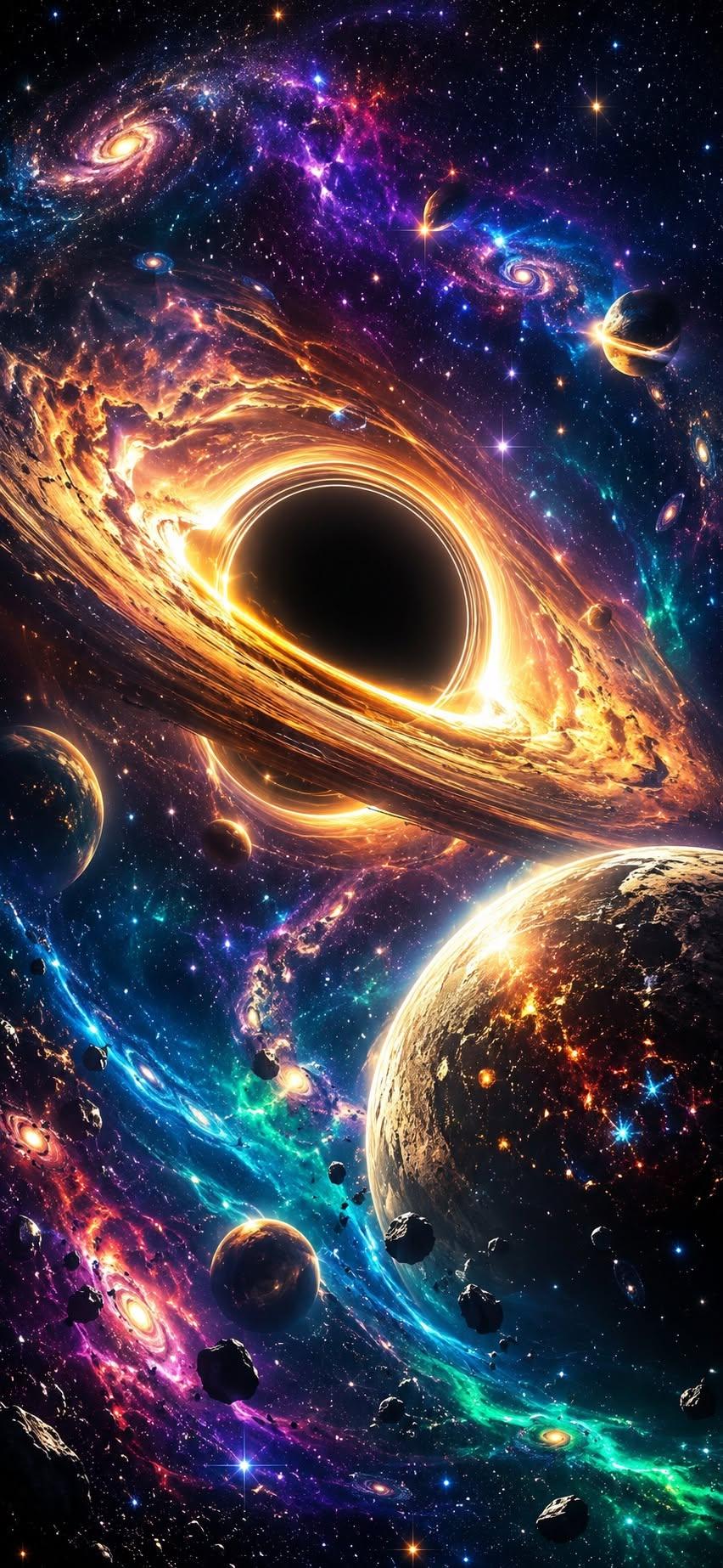 Black hole wallpaper with glowing rings surrounded by planets and colorful nebula