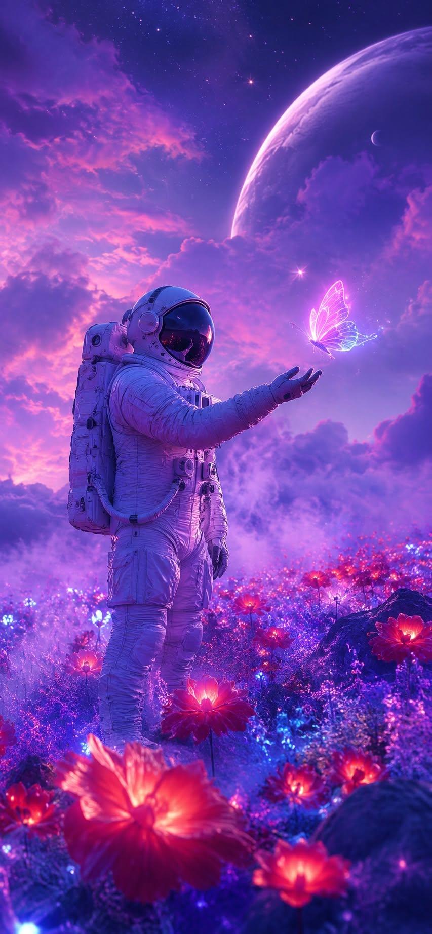 Astronaut butterfly wallpaper standing in glowing purple alien flower field at night