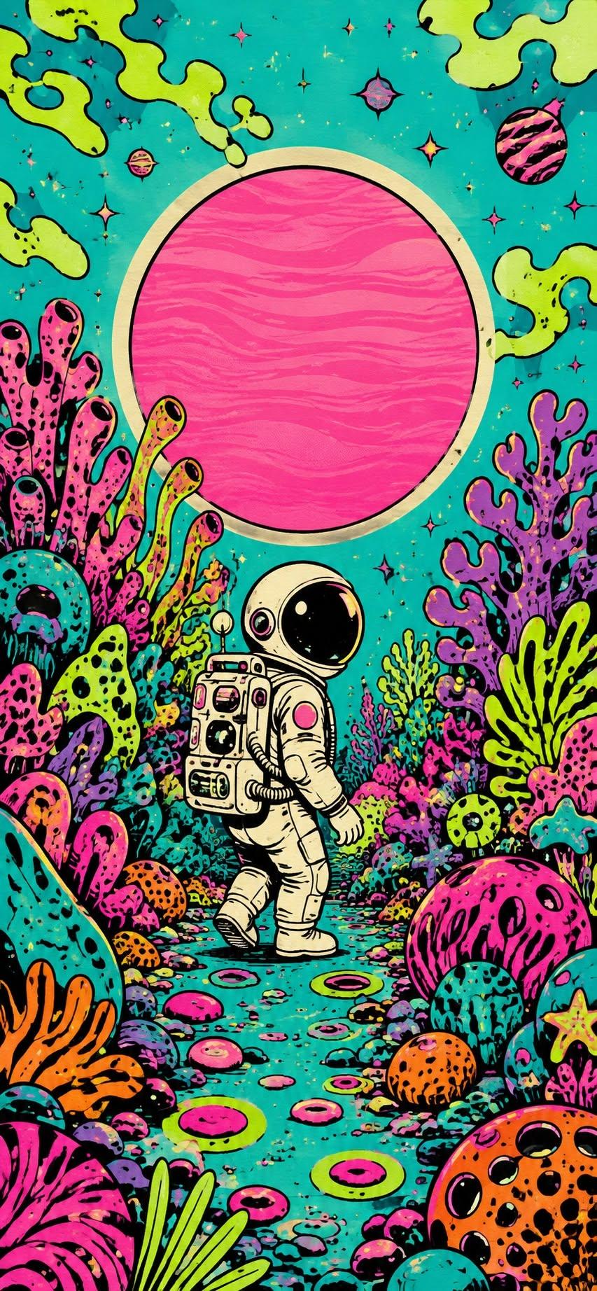 Psychedelic astronaut wallpaper walking through colorful alien coral under a pink planet