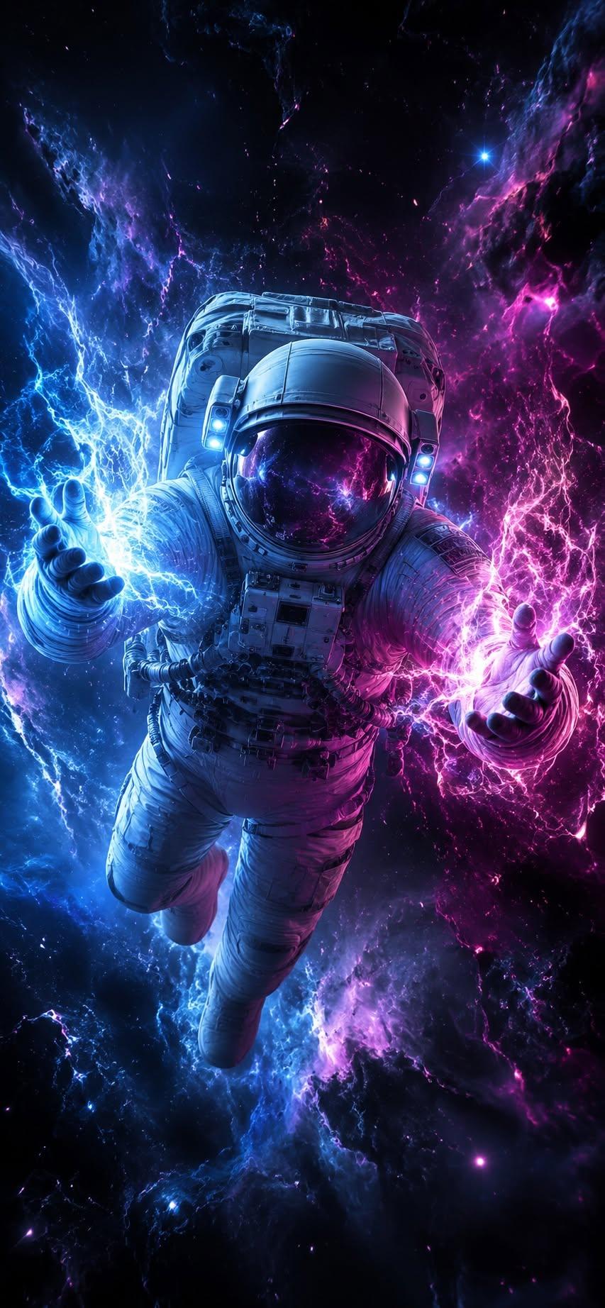 Electric astronaut wallpaper channeling blue and purple energy in space
