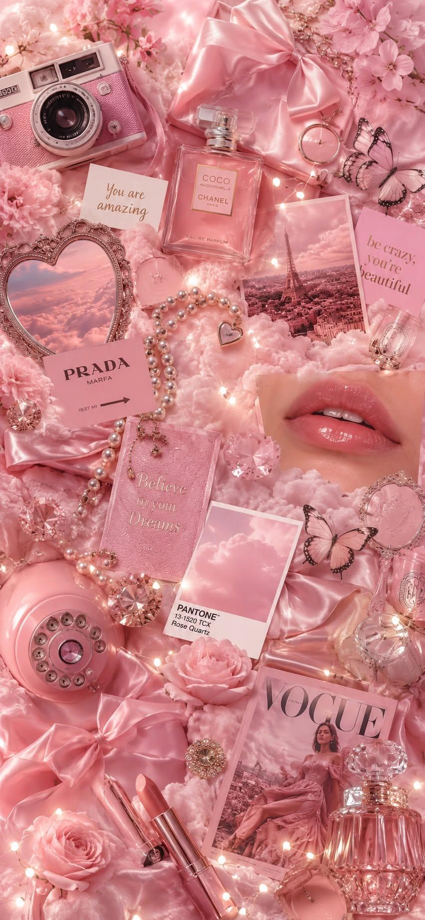 Pink aesthetic wallpaper with perfume, pearls, roses, and vintage camera colla