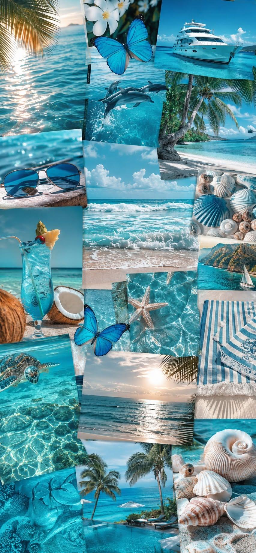 Beach aesthetic wallpaper with turquoise ocean, palm trees, and seashell collage