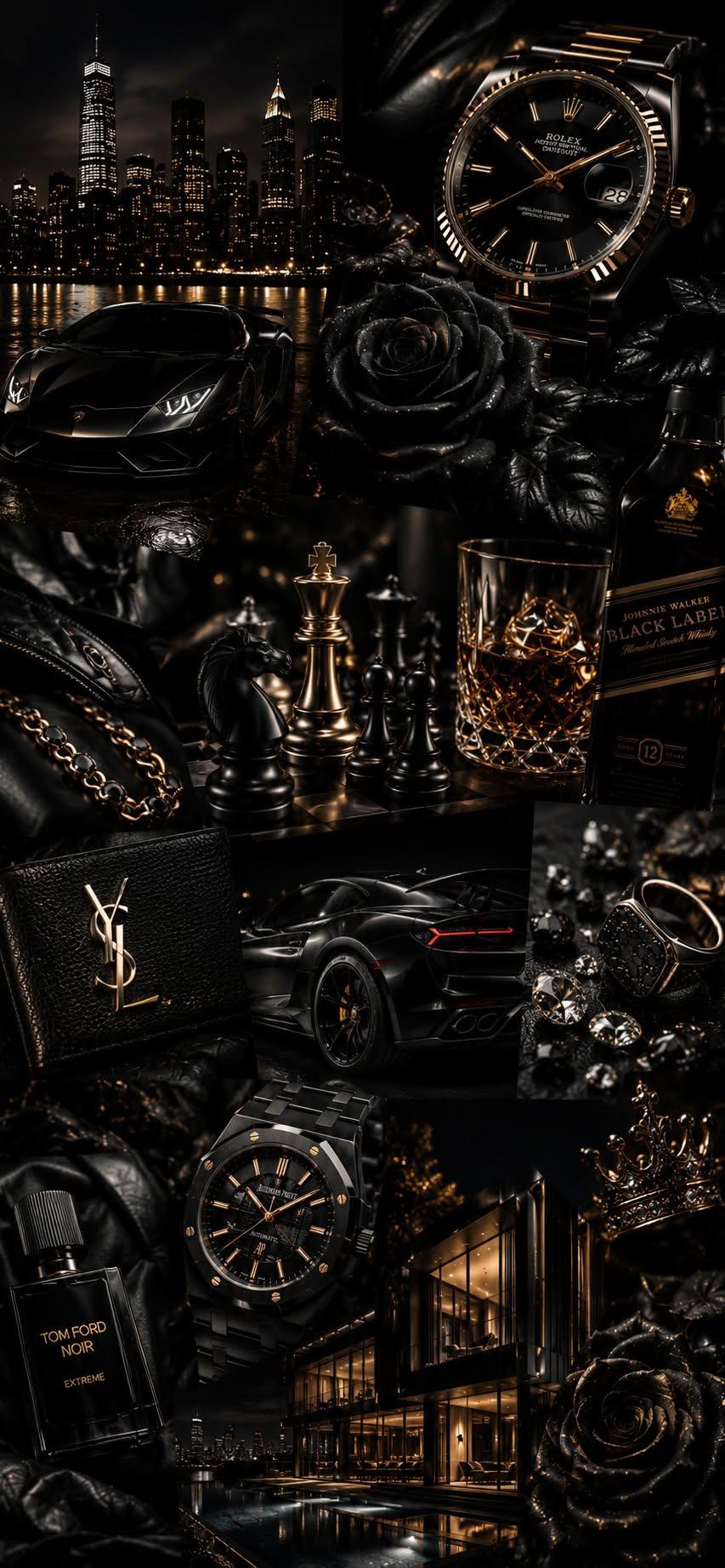 Luxury aesthetic wallpaper with black and gold watches, cars, and jewelry collage