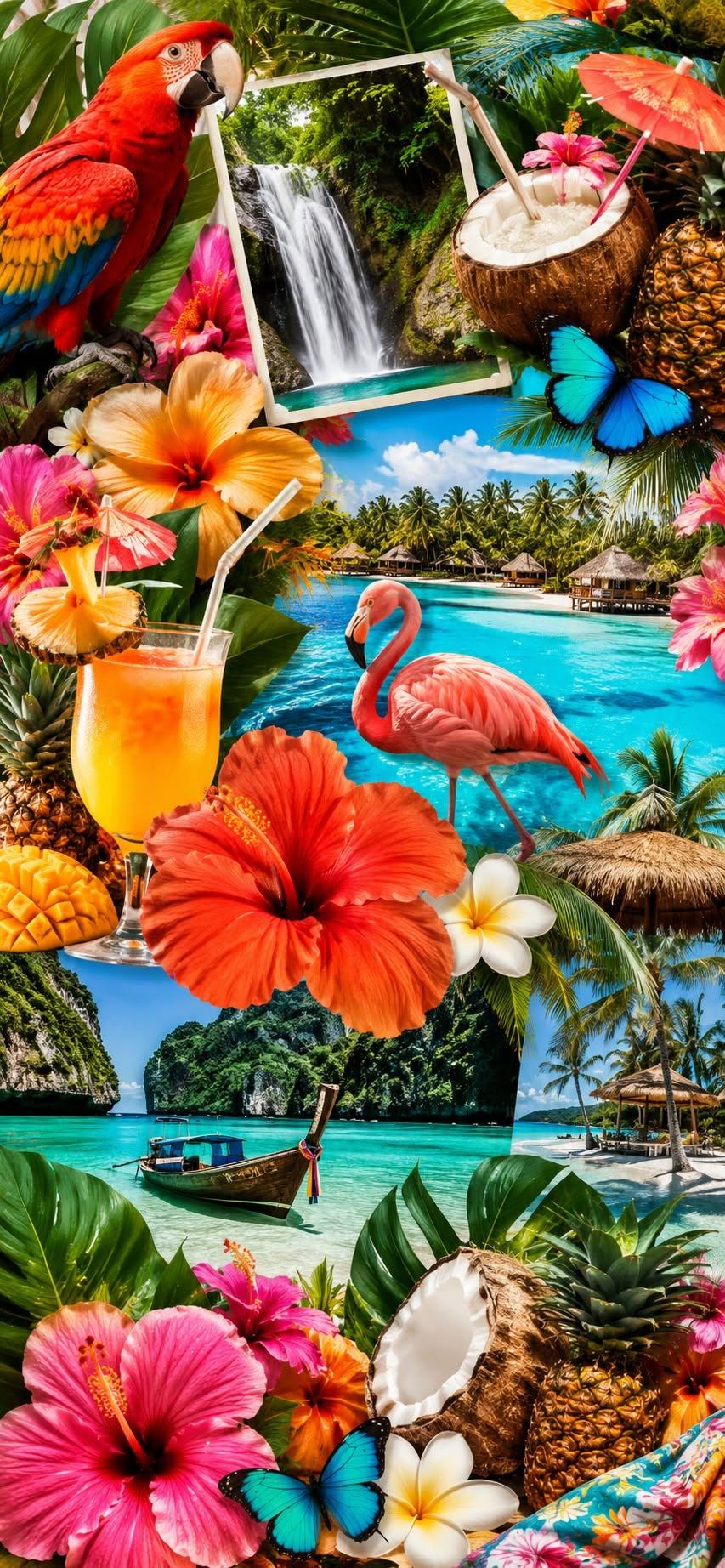 Tropical paradise wallpaper with flamingo, parrot, and hibiscus flowers collage