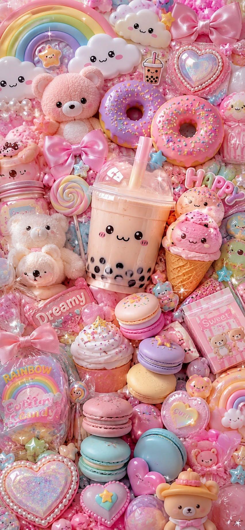 Kawaii candy wallpaper with pastel boba tea, donuts, and macarons collage