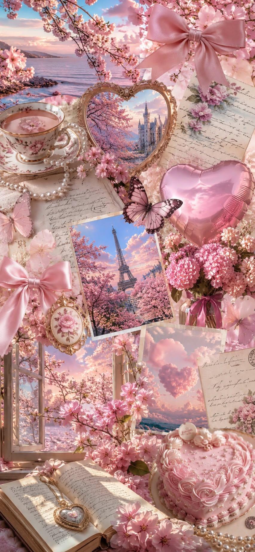 Romantic Paris wallpaper with pink cherry blossoms and Eiffel Tower collage