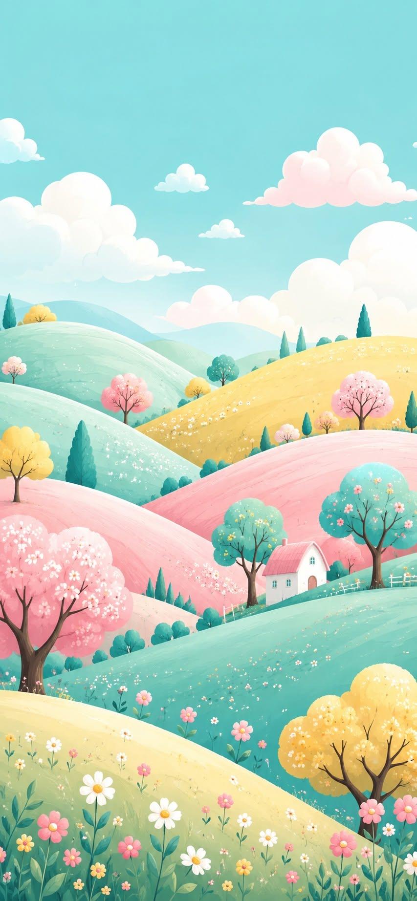 Pastel spring hills wallpaper for iPhone