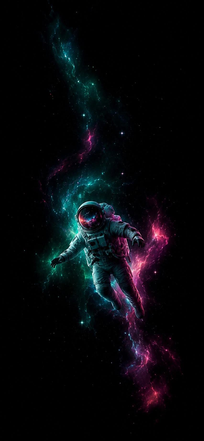 Floating astronaut wallpaper drifting in dark space with teal and pink nebula