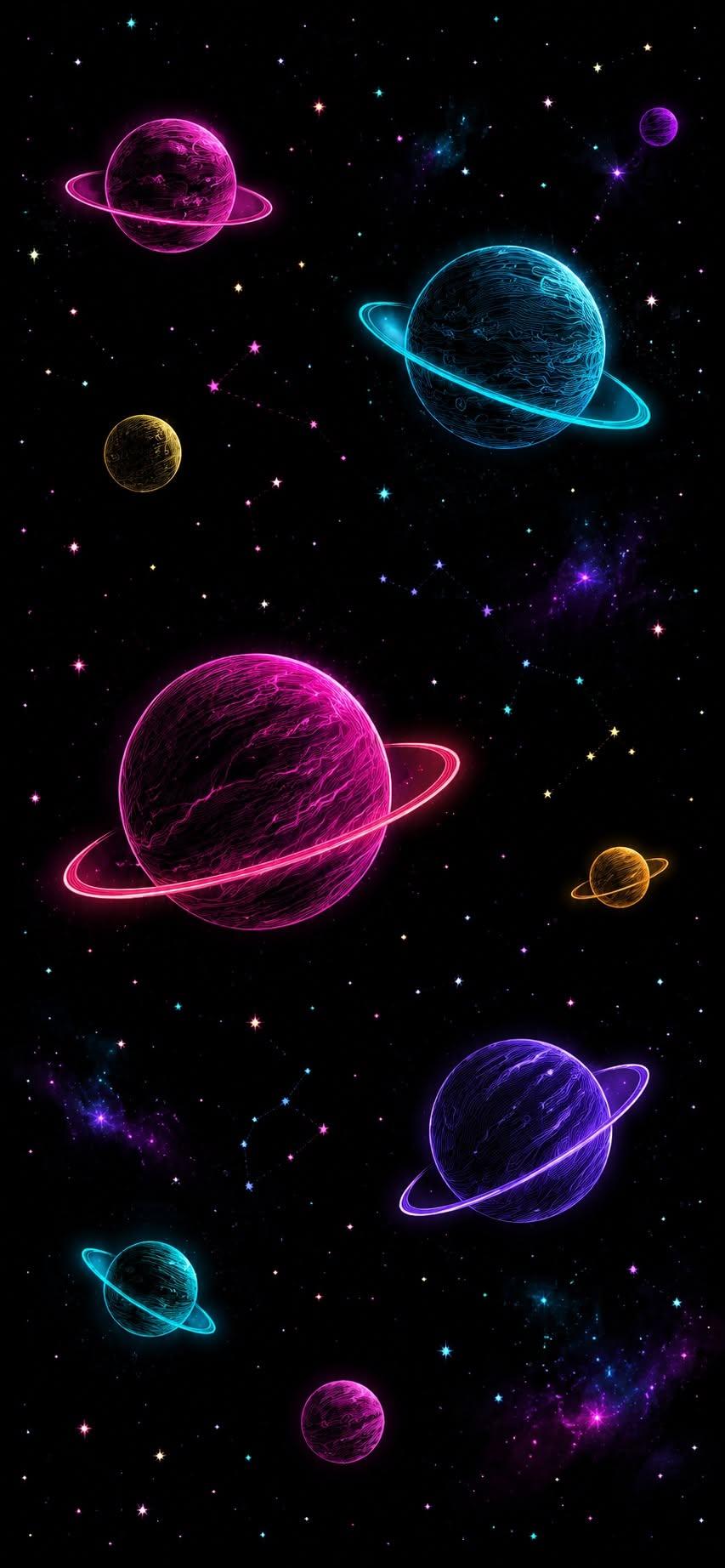 Neon planets wallpaper with glowing pink and blue planets in a starry galaxy