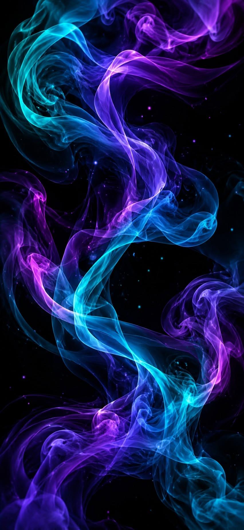 Neon smoke wallpaper with glowing purple and teal swirls on black background