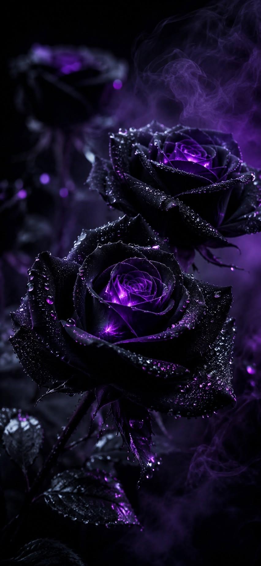 Black rose wallpaper with glowing purple centers and mystical smoke