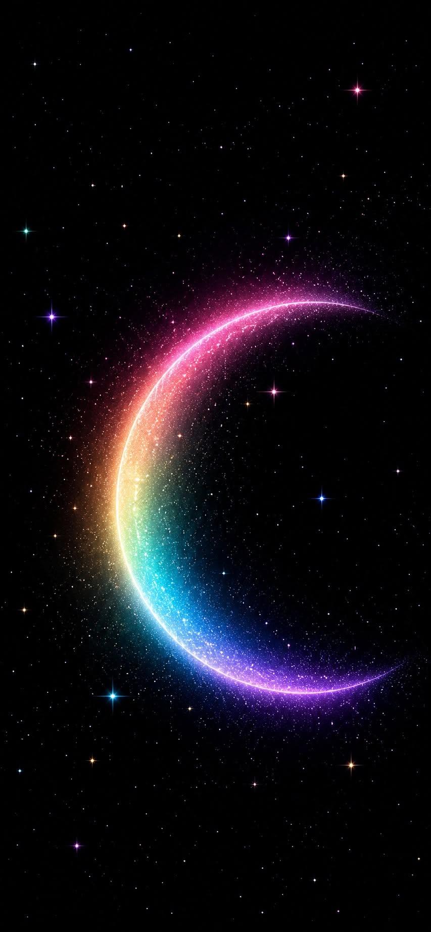 Rainbow crescent moon wallpaper glowing with stardust in a starry night sky