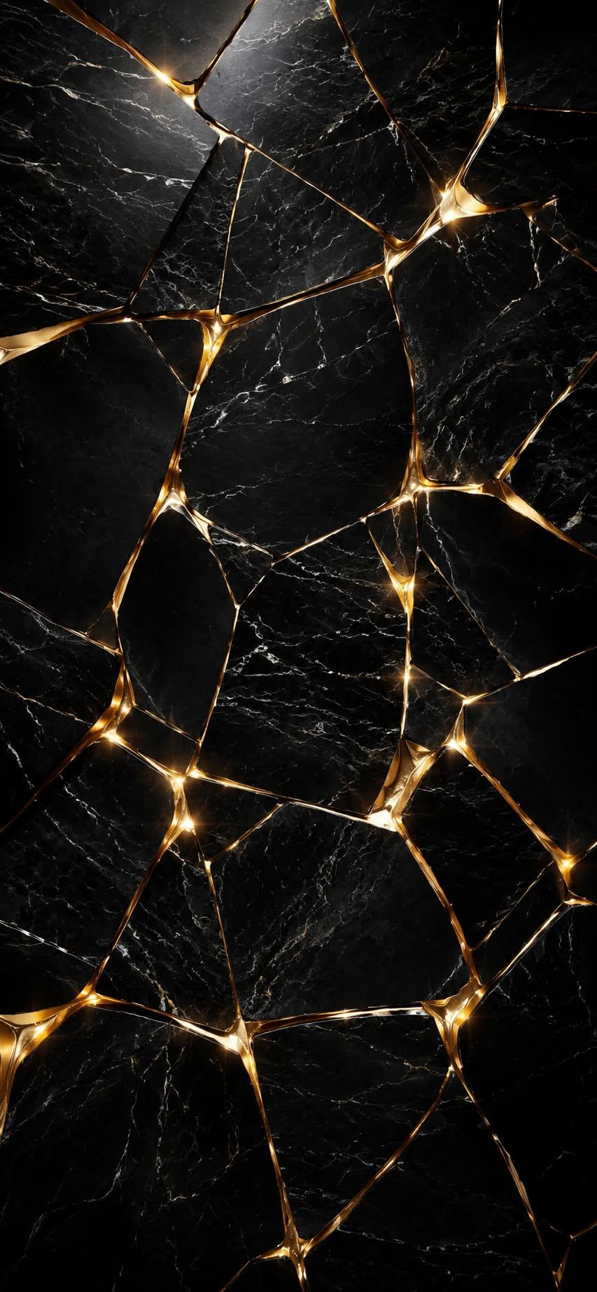 Gold cracked marble wallpaper with glowing gold veins on black stone