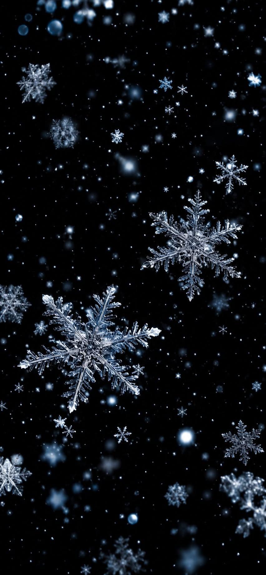 Snowflake wallpaper with detailed macro snowflakes falling on dark background