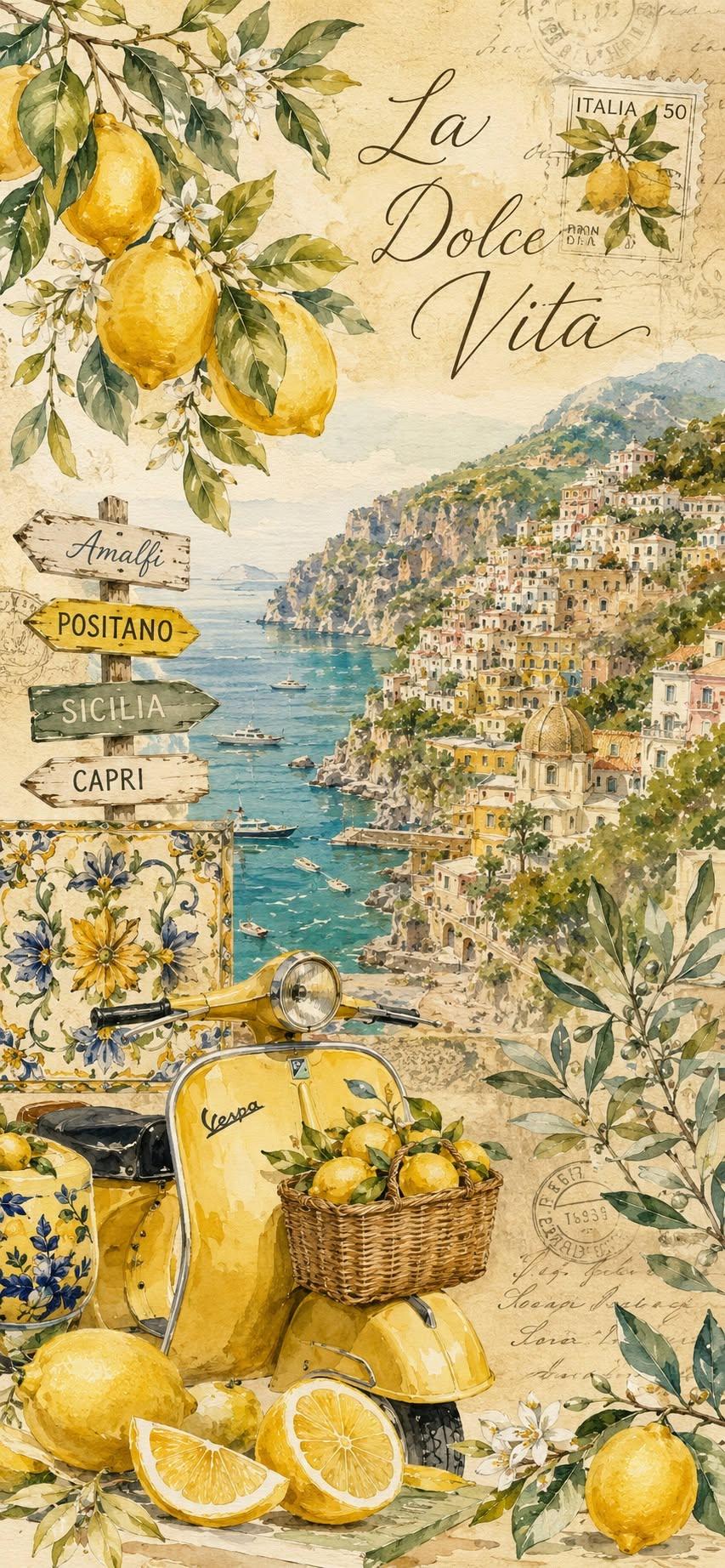Amalfi coast wallpaper with lemons, Vespa, and Italian coastal watercolor art