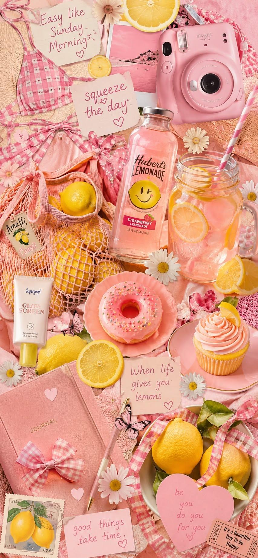 Pink lemonade wallpaper with lemons, camera, and donut