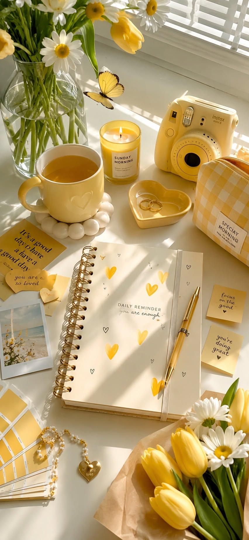 Yellow Sunday morning wallpaper with tea, journal, and tulips
