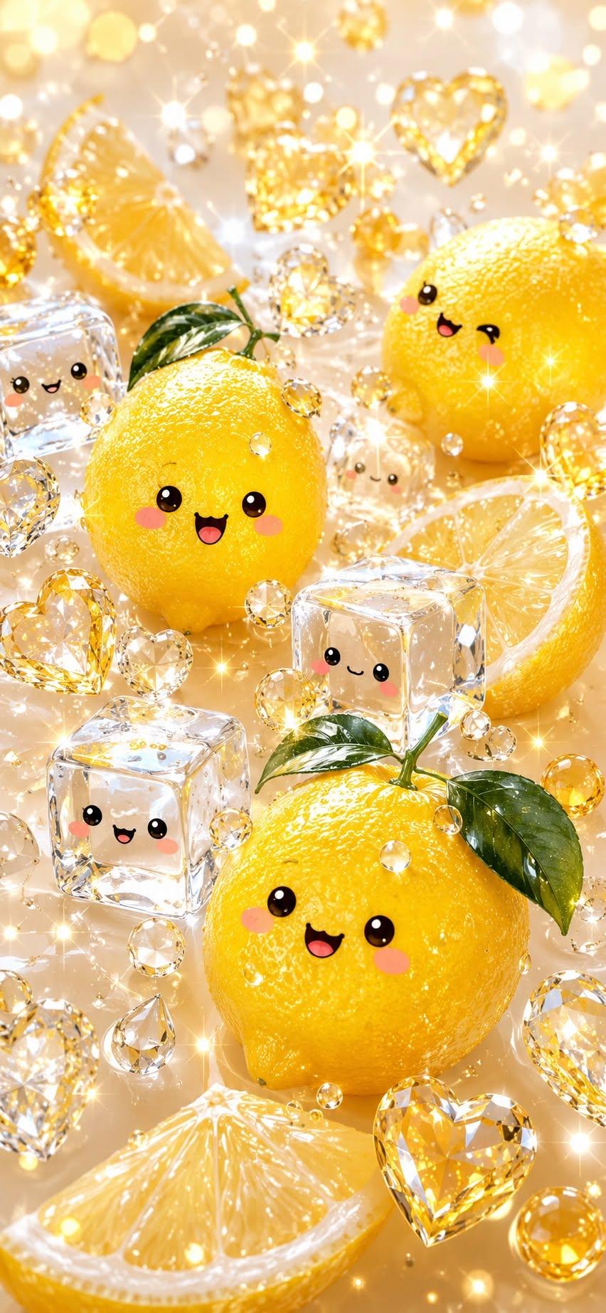 Kawaii lemon wallpaper with sparkly diamonds and ice cubes