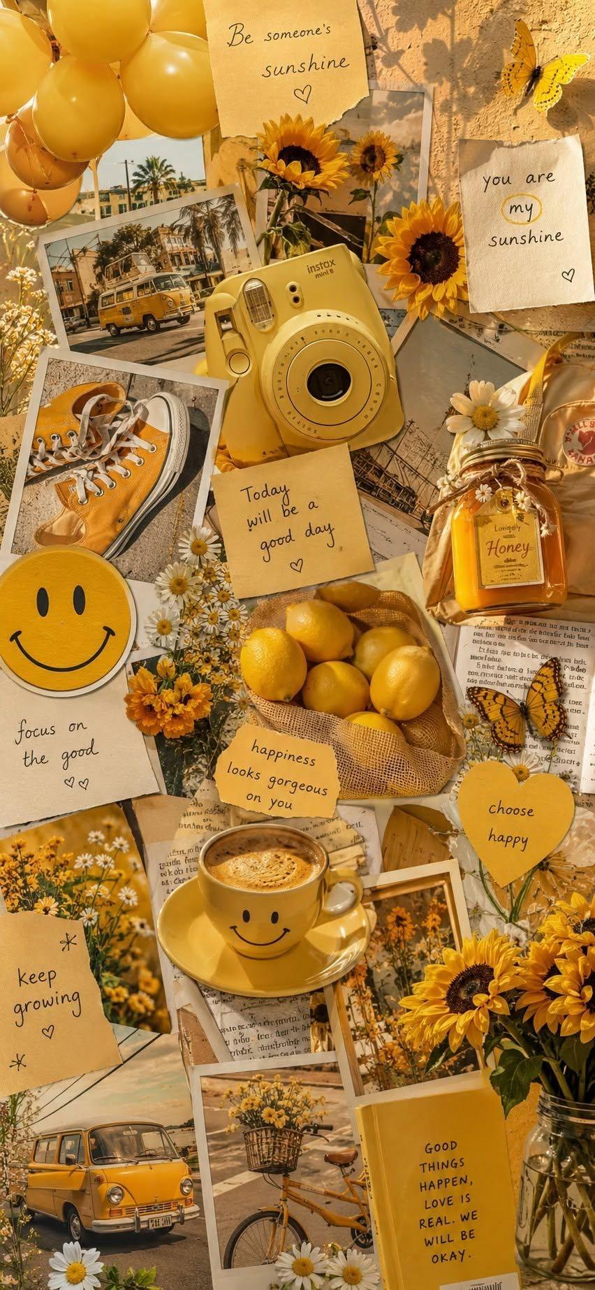 Sunshine yellow wallpaper with sunflowers, lemons, and coffee cup