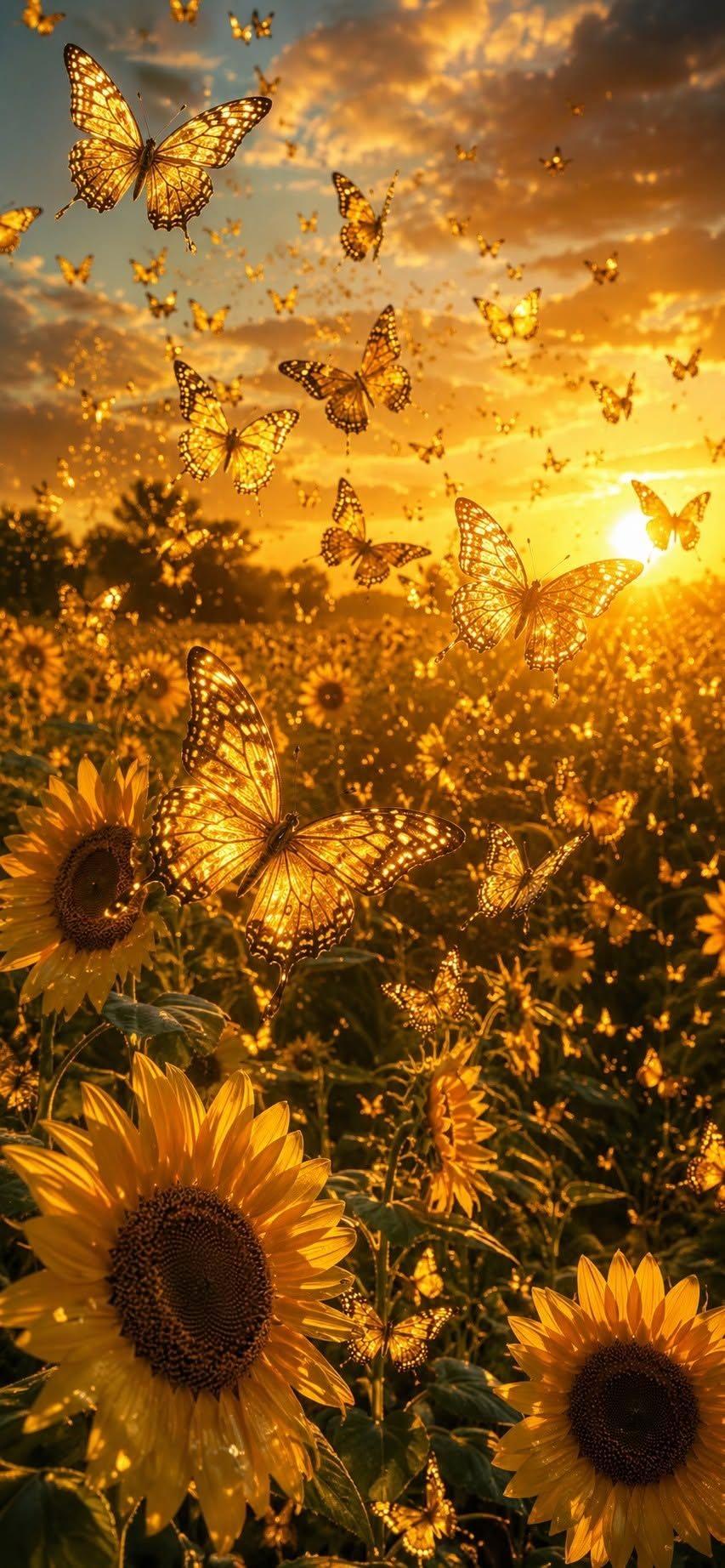 Golden butterfly wallpaper over sunflower field at sunset