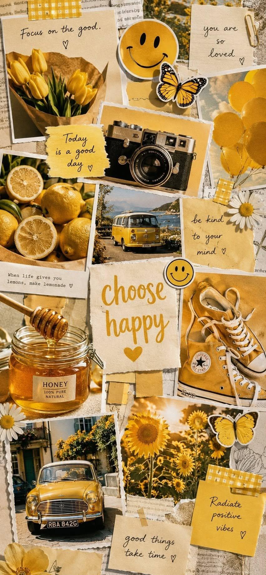 Choose happy wallpaper with vintage yellow collage photos