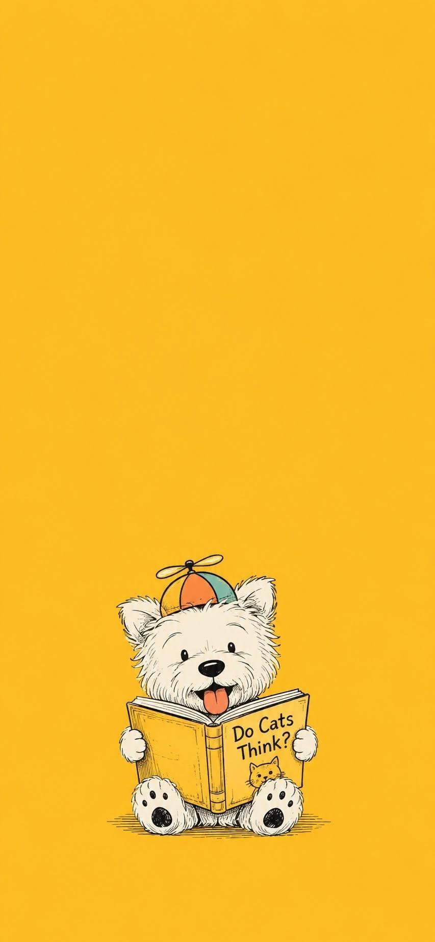 Funny dog wallpaper reading Do Cats Think book