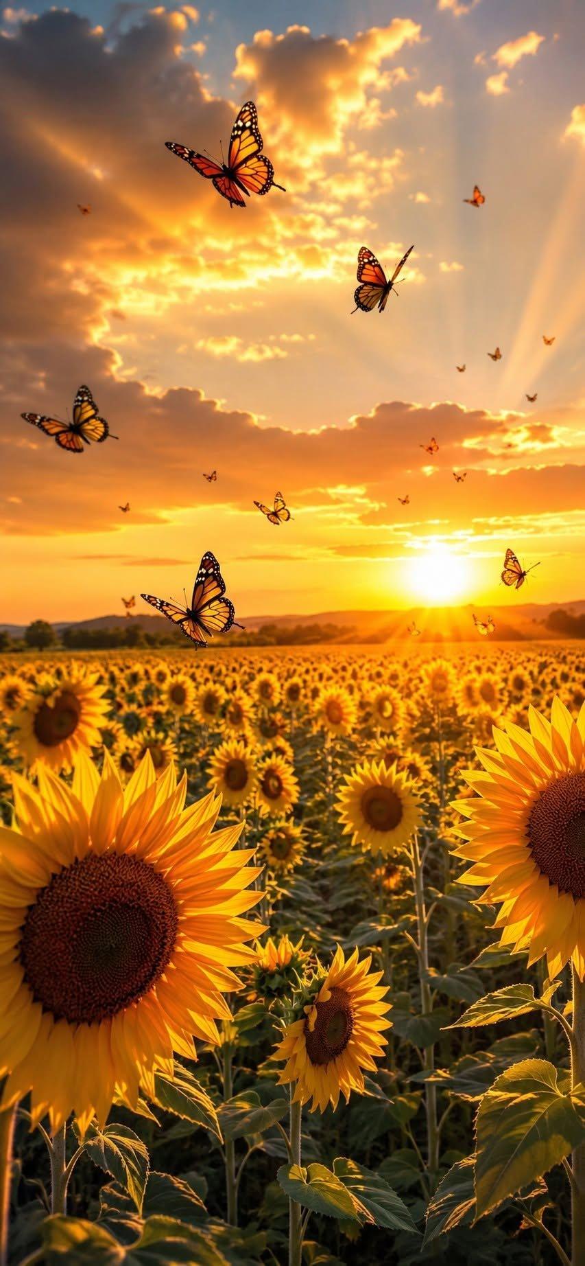 Monarch butterfly wallpaper over sunflower field at sunset