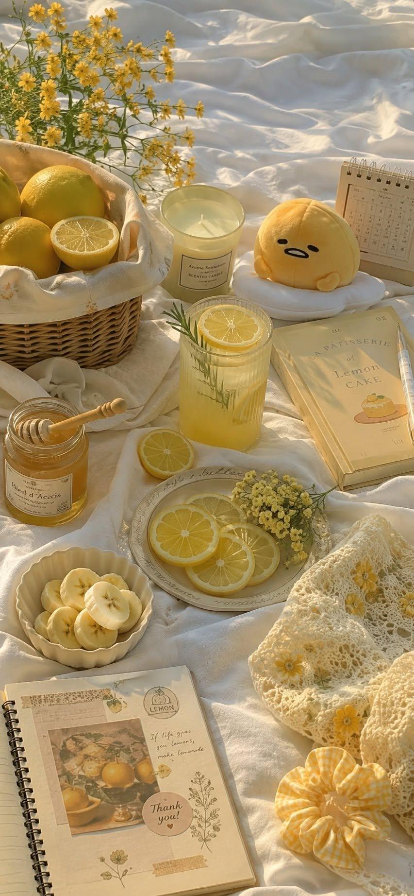 Cozy lemon picnic wallpaper with lemonade and honey