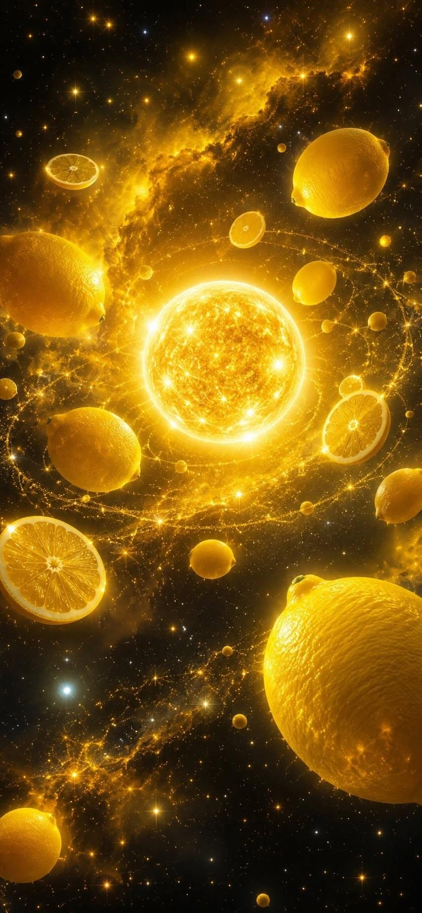 Lemon galaxy wallpaper with glowing sun and stars