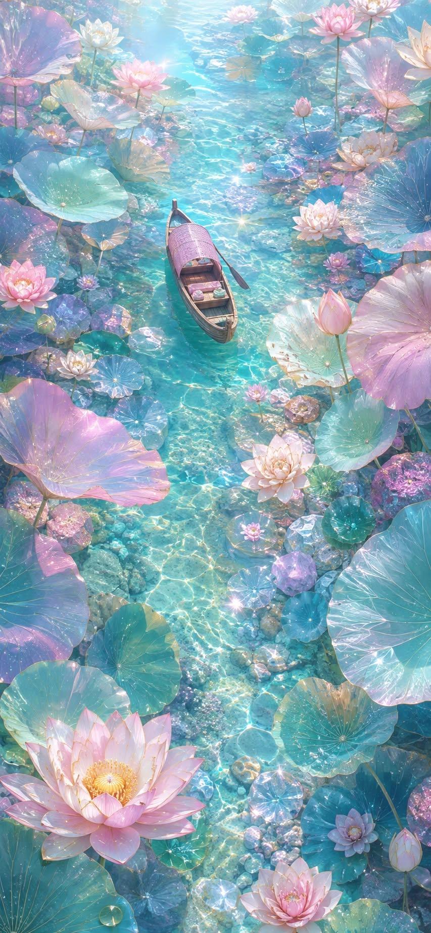 Wooden boat on crystal stream, aesthetic wallpaper image.