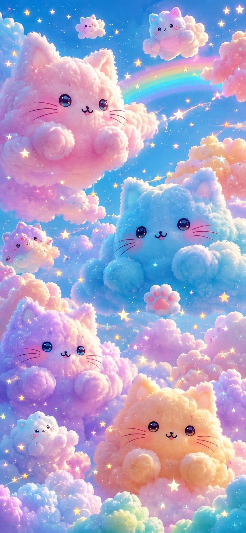 Cute fluffy cat clouds, pastel aesthetic wallpaper scene.
