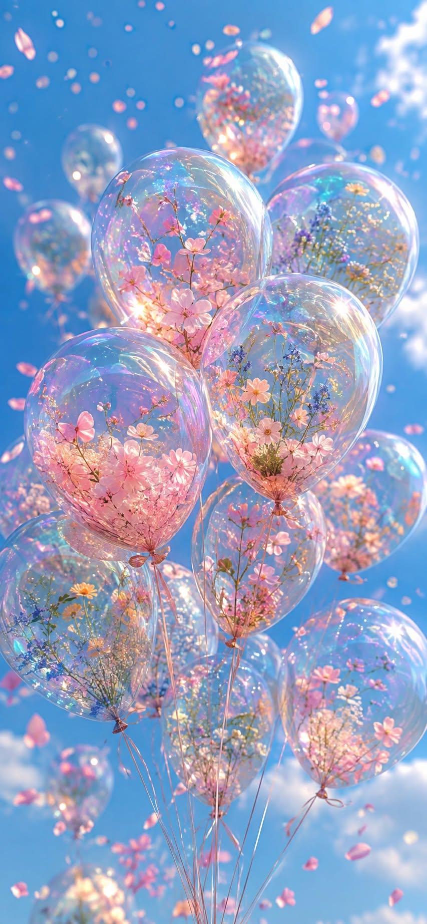Floral balloons floating in sky, aesthetic wallpaper image.