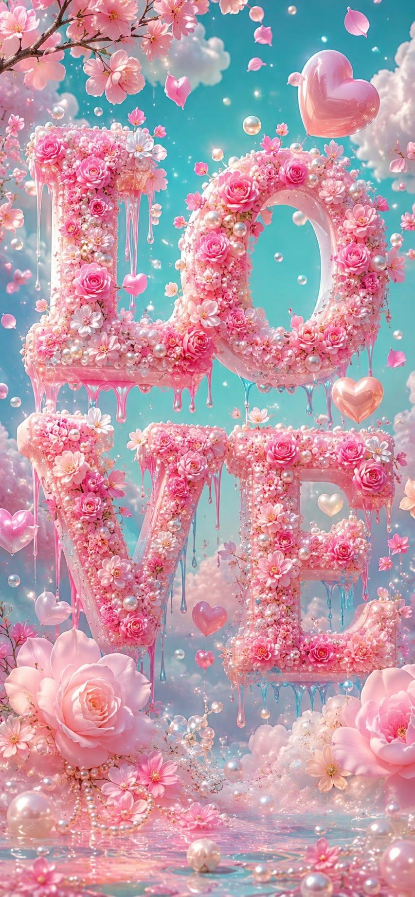 Melting pink floral LOVE word, cute wallpaper image.