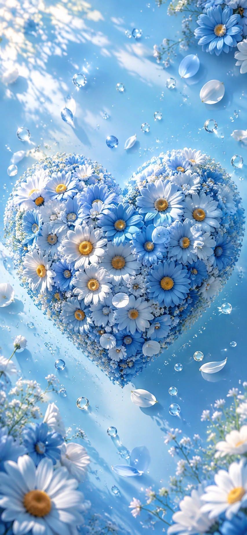 Blue daisy flower heart arrangement, beautiful wallpaper scene.