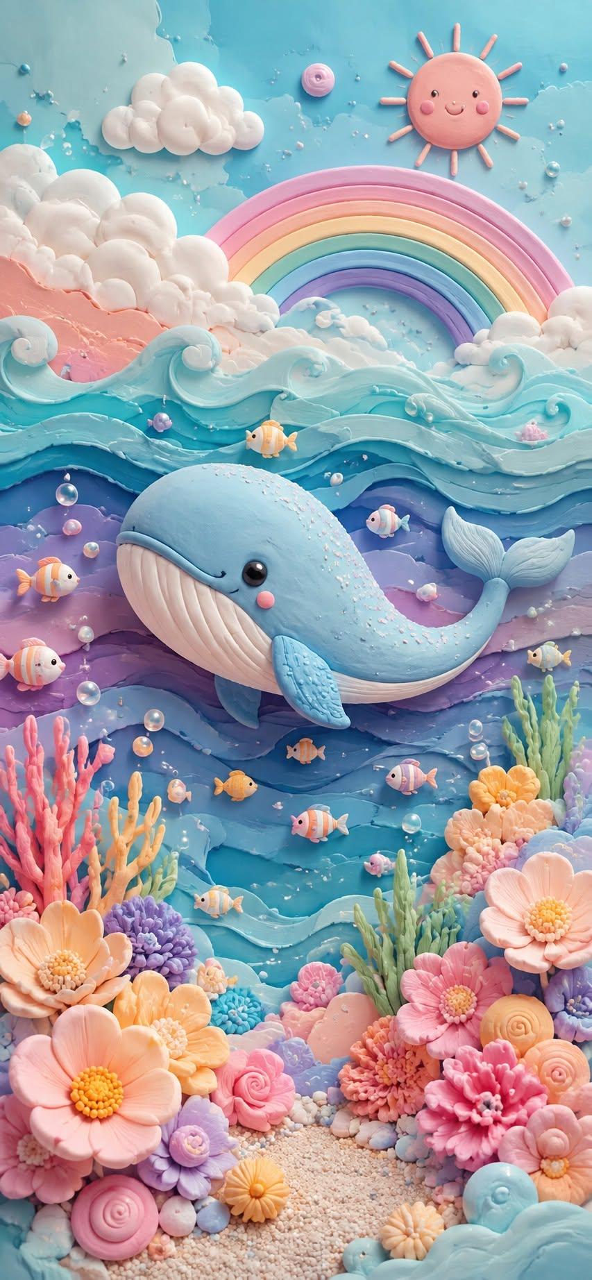 Cute clay whale swimming in ocean, cute wallpaper.