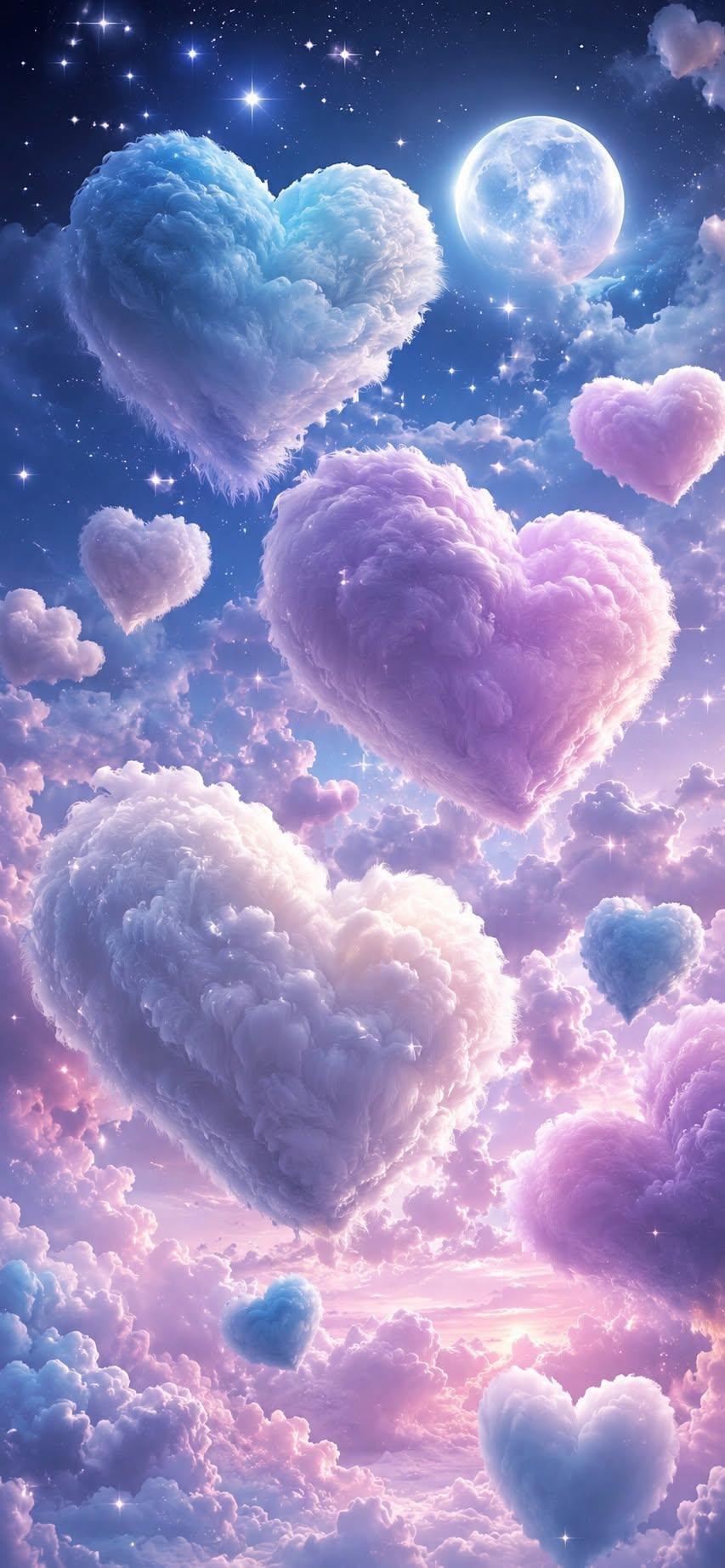 Heart shaped clouds under full moon, dreamlike wallpaper