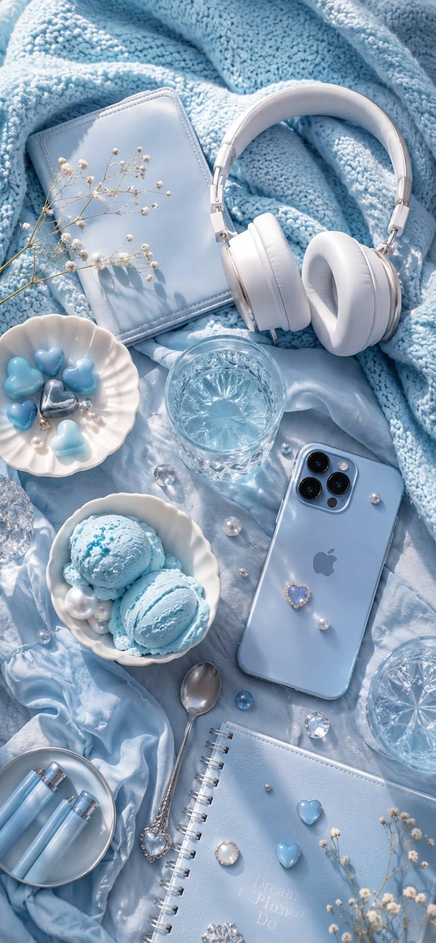 Monochromatic blue flatlay items, aesthetic cozy wallpaper scene