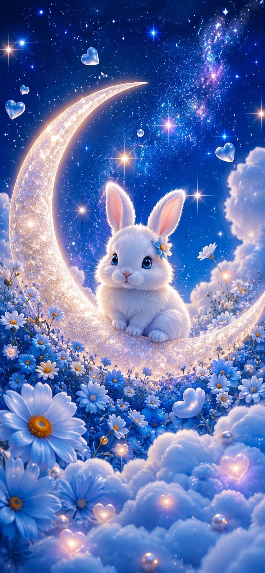 Cute bunny on glowing crescent moon among daisies.