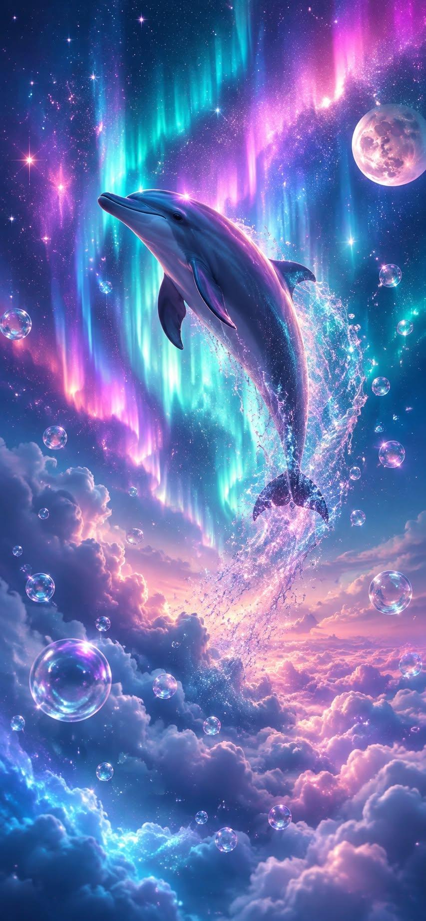 Dolphin leaping beneath colorful aurora above glowing clouds.