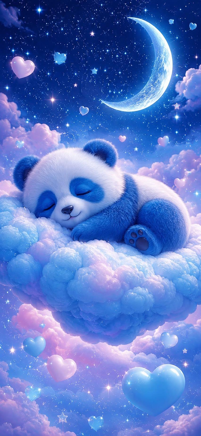 Sleeping blue panda resting on fluffy dreamy cloud moon.
