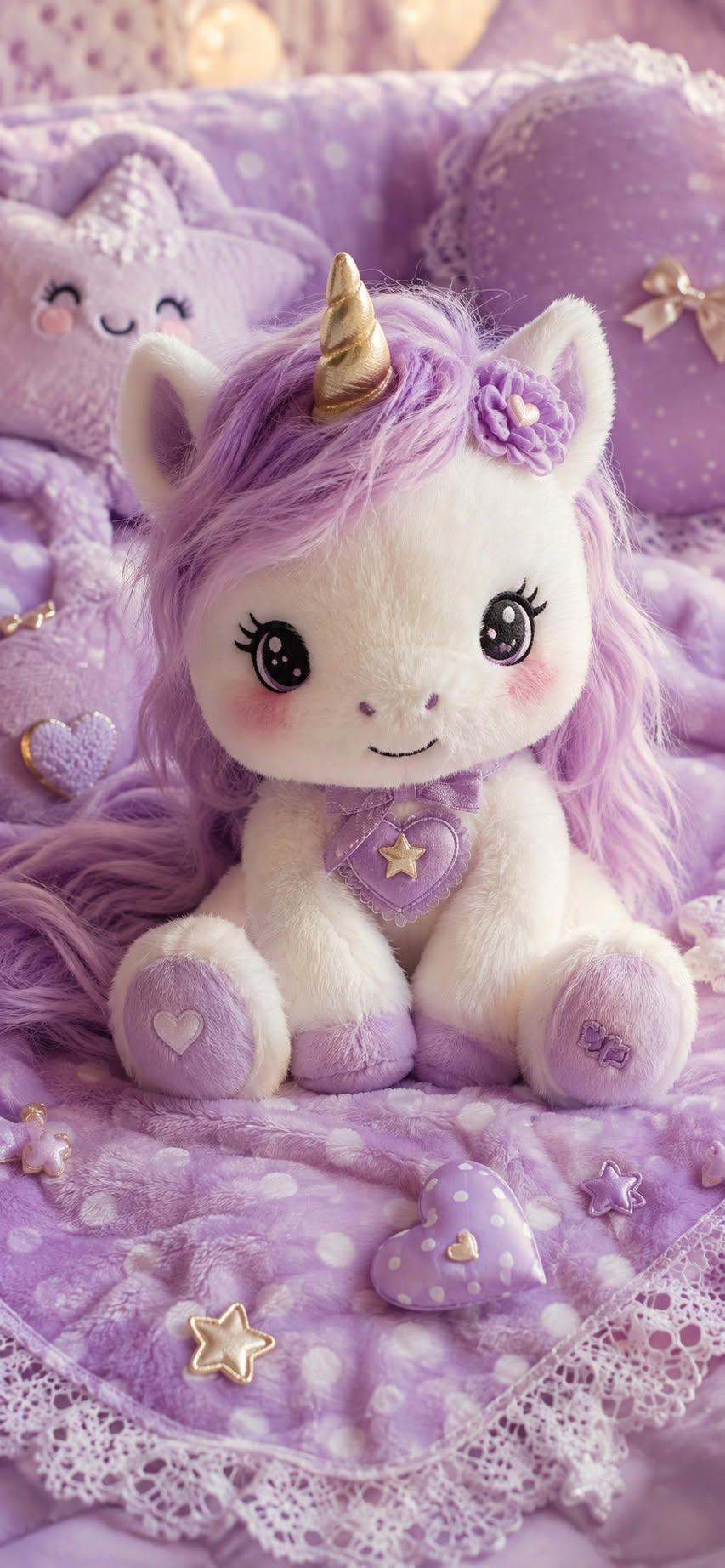Purple unicorn plush wallpaper with gold horn and hearts