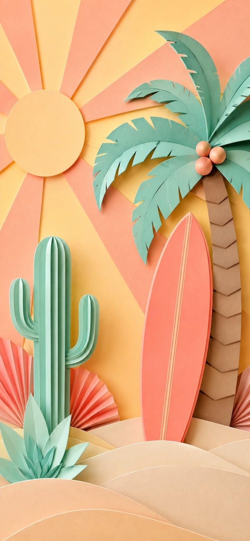 Paper craft wallpaper with palm tree and surfboard