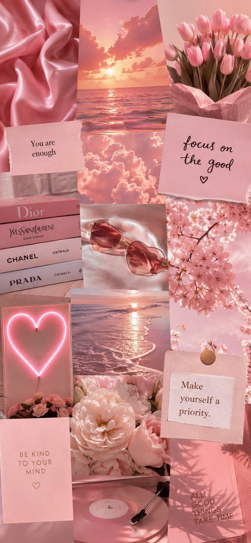 Pink aesthetic wallpaper with beach sunsets and flowers
