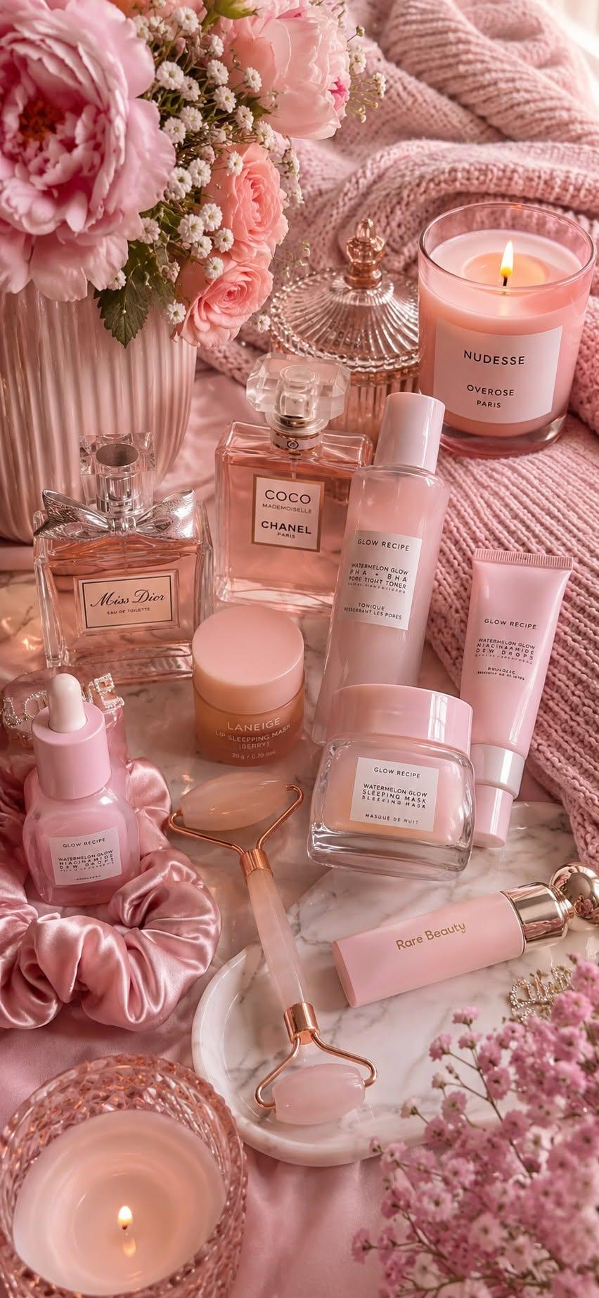 Pink skincare wallpaper with perfume bottles and roses