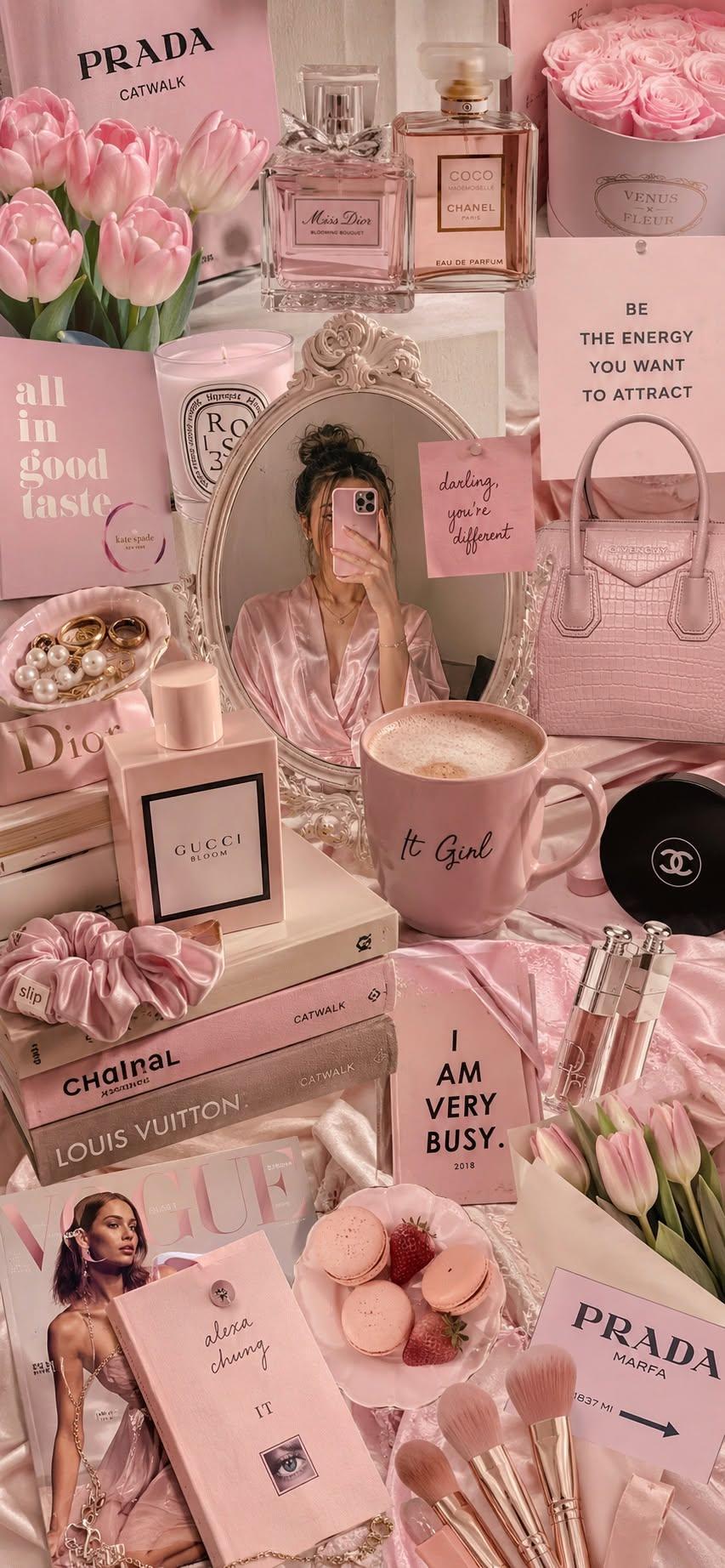Pink it girl wallpaper with perfume and luxury items