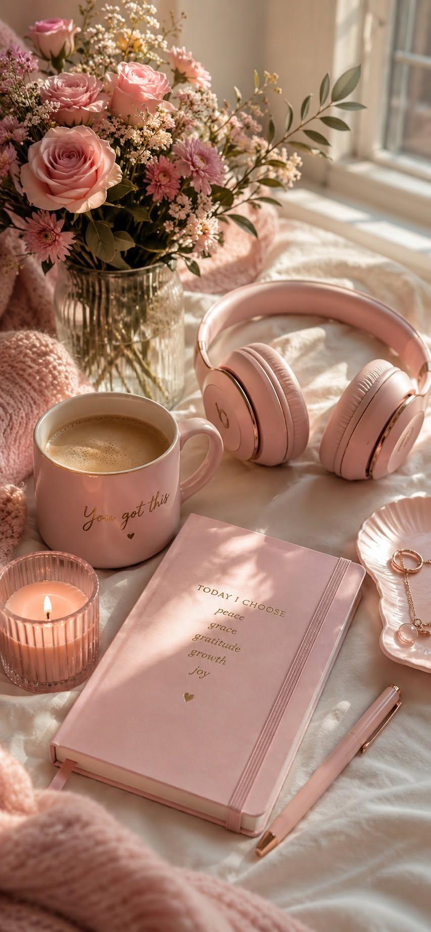 Cozy pink wallpaper with coffee, roses, and journal