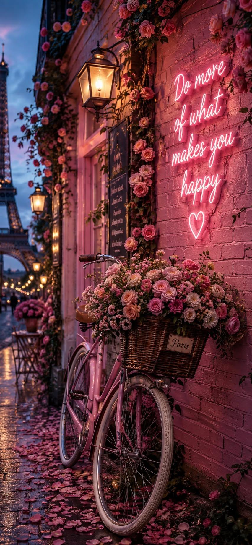 Paris wallpaper with pink bicycle and neon sign
